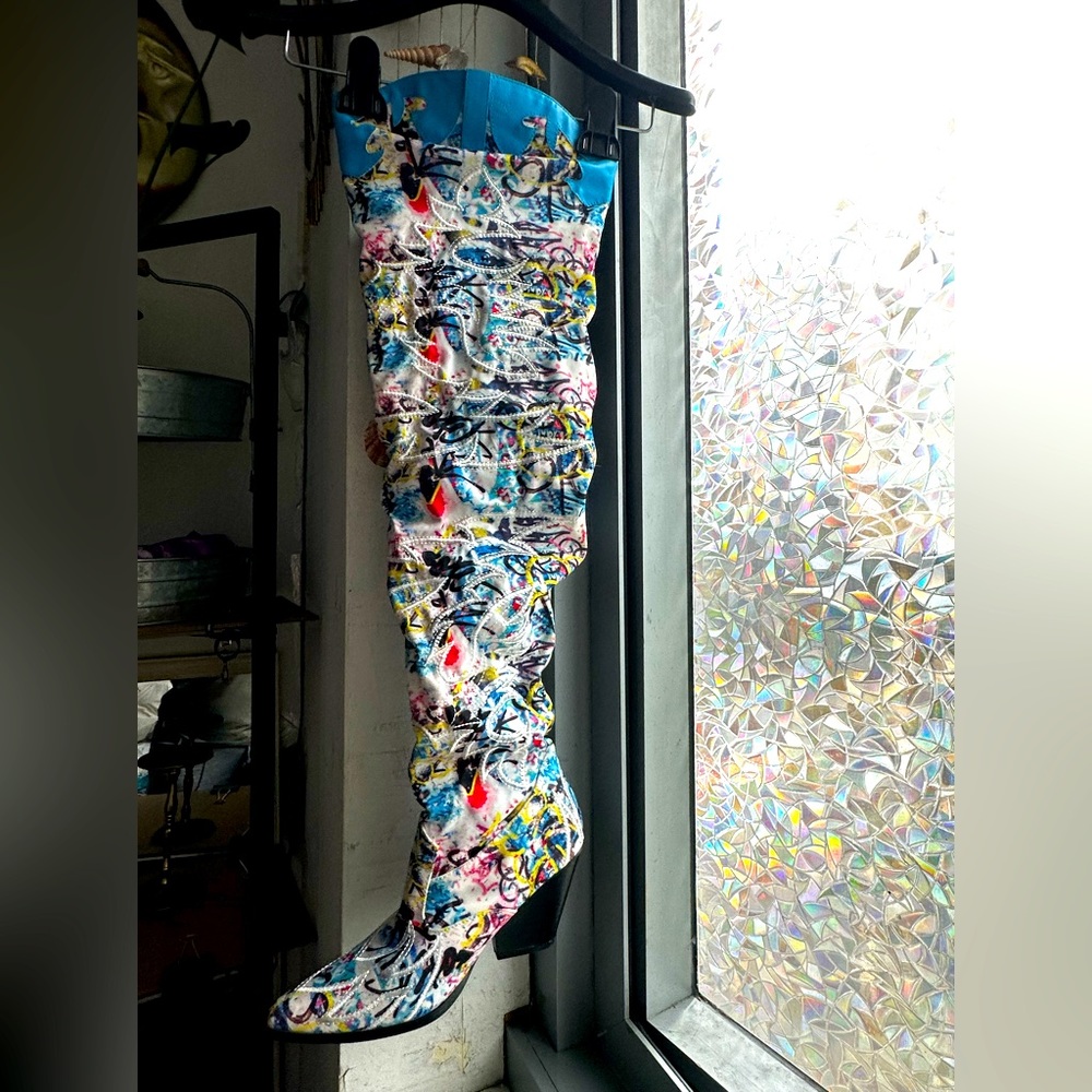 Cloth material multicolored thigh high boots with small heel